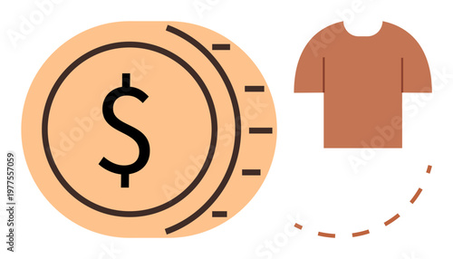 E-commerce, thrift economy, sustainable shopping, clothing resale, budgeting, online marketplace. Dollar sign on a coin and a brown shirt. E-commerce and thrift economy visual concept