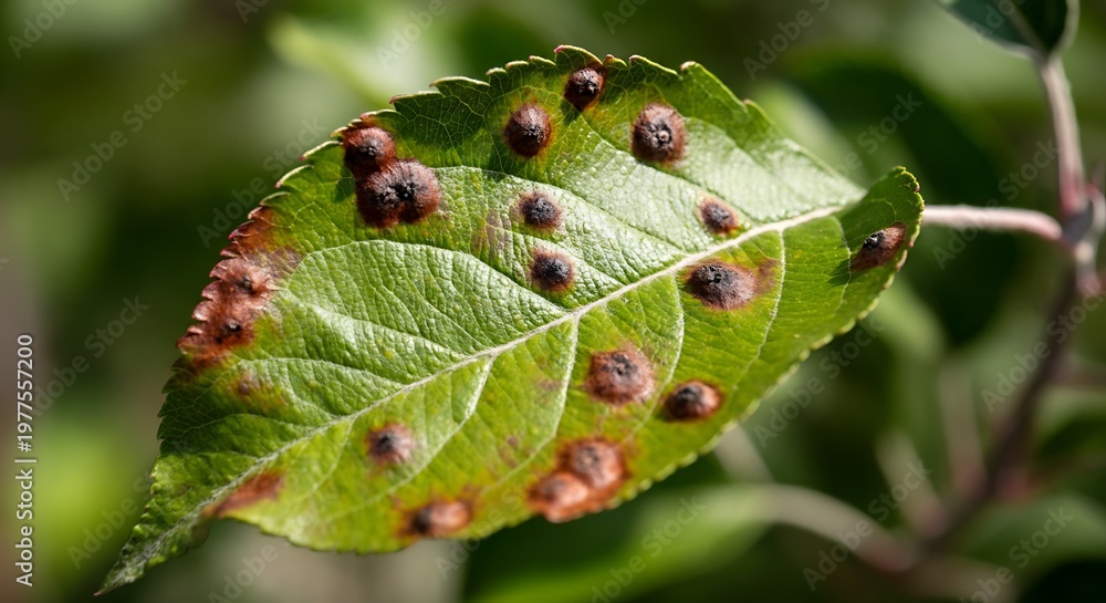 Fototapeta premium diseased apple leaf showing apple scab symptoms, dark spots and texture