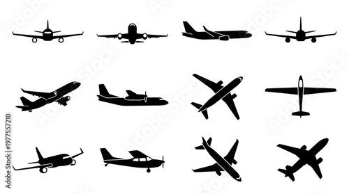 Collection of airplane silhouettes flying.