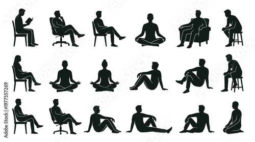 Silhouette of people sitting various poses.