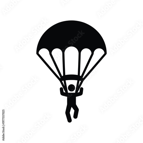 Black silhouette of a person parachuting, parachute open skydiving