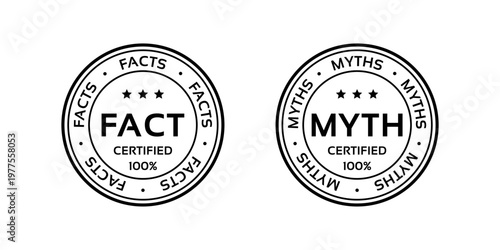 Fact Myth stamps. Truth or false seal imprints. Round retro badges. Emblems isolated on white background. Infographic labels. Vector illustration. Certified 100%.