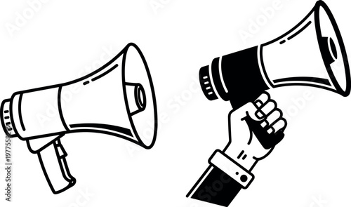 Megaphone Loudspeaker Icon Set with Hand Holding Announcement Speaker for Marketing, Promotion, Protest, and Communication Design