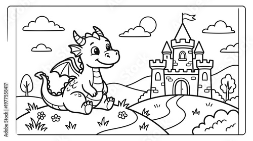 Smiling Cartoon Dragon Sitting Outdoors Freely.