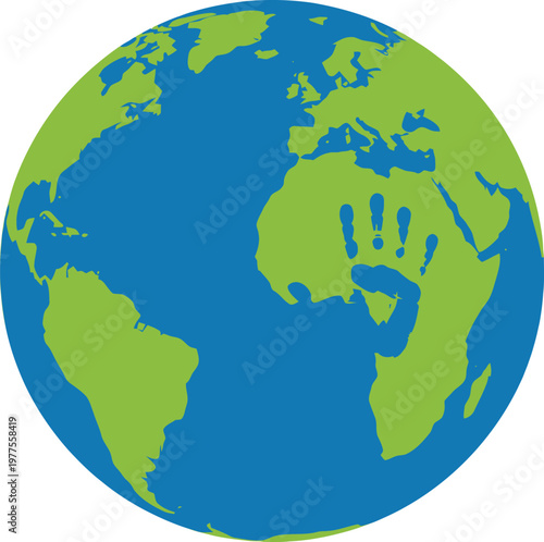 Earth globe with green continents and blue oceans, handprint imprint