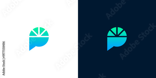 Abstract geometric logo design featuring a stylized speech bubble with a sun or flower motif, presented on both white and dark backgrounds