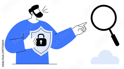 Cybersecurity concept. Cybersecurity with shield and lock data protection. Cybersecurity reinforced by magnifying glass for security analysis. For technology, IT, data privacy, online safety