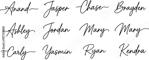handwritten signature names set, elegant cursive name lettering collection for branding logo autograph style vector illustration design