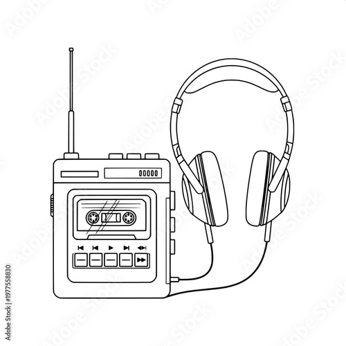 vintage radio receiver with over-ear headphones isolated on white background