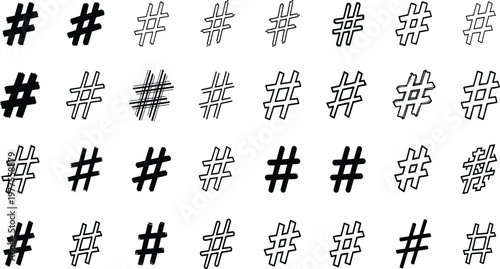 Hashtag symbols collection set, hand drawn social media icons, black outline hash marks, typography elements, cad drawing flat vector illustration