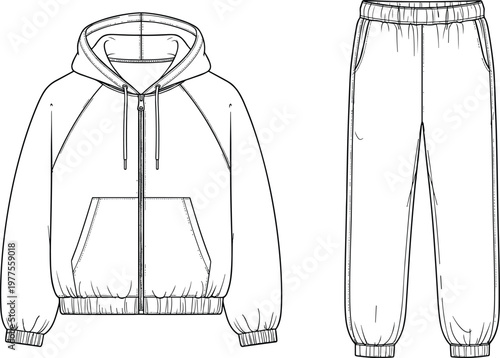 hoodie and sweatpants set technical drawing, tracksuit apparel vector, casual sportswear outfit, clothing template design, fashion illustration, comfortable wear collection