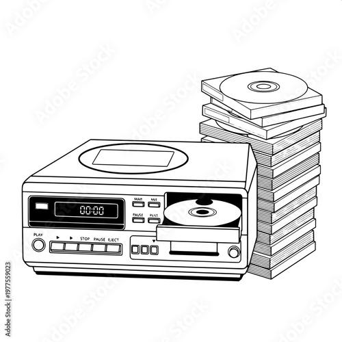 vintage boombox with stacked cds isolated on white background illustration