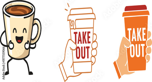 Cute Kawaii Coffee Character Mascot and Takeaway Coffee Cup Icons Set Flat Vector Illustration for Cafe Branding Menu Design and Social Media