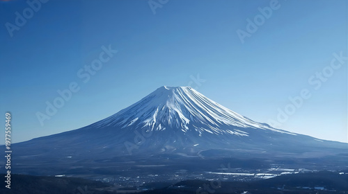 Mount Fuji with clear blue sky, iconic Japan landmark landscape, minimal and peaceful nature scene, beautiful mountain view with snow peak, perfect for travel background, nature design and scenic wall