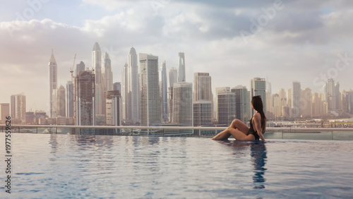Photography Woman enjoying rooftop infinity pool view of dubai skyline