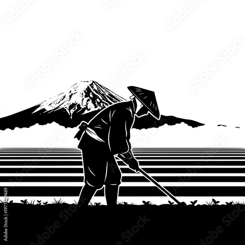 Farmer in traditional hat plowing field at sunrise with Mount Fuji silhouette