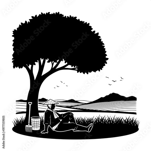 Silhouette of person relaxing under tree by serene lakeside at dusk