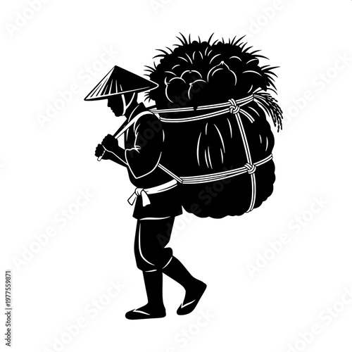 cartoon character struggling with heavy overloaded backpack walking in black and white