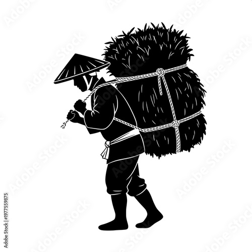 cartoon character carrying oversized scissors on back in minimalist black and white illustration