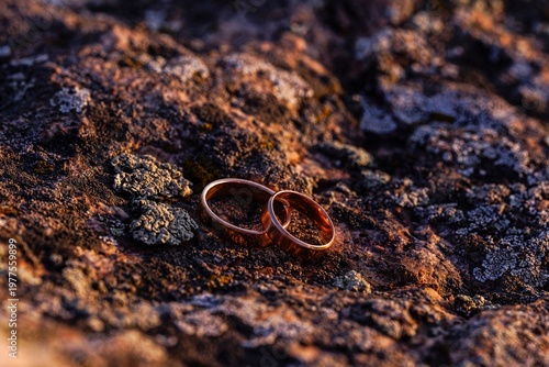 two golden wedding rings placed on a rough dark stone surface with warm sunset lighting