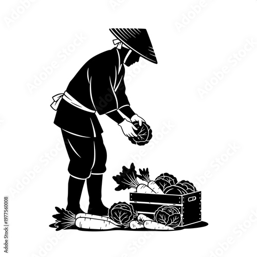 Farmer planting rice seedlings in traditional conical hat during harvest season