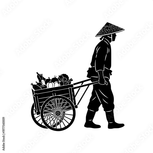 Farmer walking with traditional asian conical hat and cart carrying dogs in rural setting