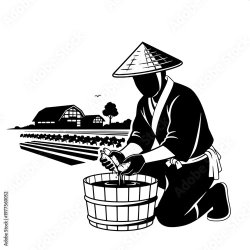 Traditional farmer in conical hat tending rice seedlings in rural paddy field