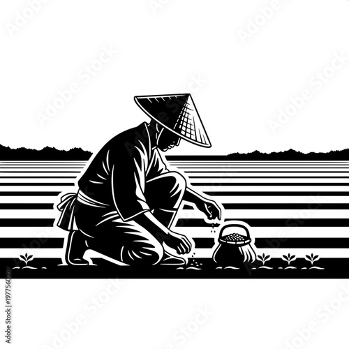 Farmer planting rice seedlings in traditional conical hat in flooded paddy field at dusk
