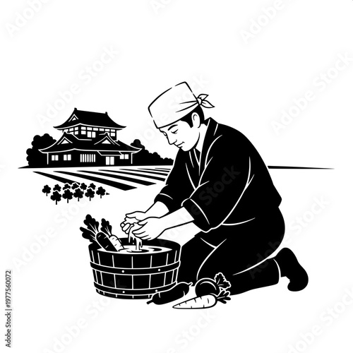 Traditional Japanese chef preparing sushi at riverside with historic pagoda view