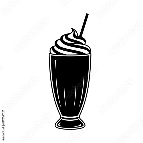 Classic chocolate milkshake with whipped cream and straw in tall glass