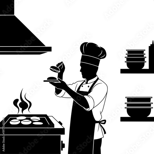 Professional chef cooking with induction cooktop in modern kitchen illustration