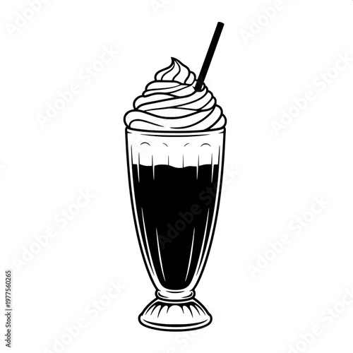 Classic chocolate milkshake with whipped cream and straw in tall glass