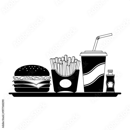 fast food set with burger fries soda and condiments on tray flat design