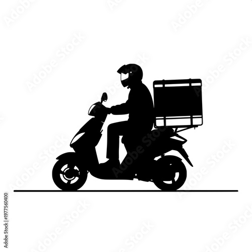 Delivery courier riding scooter with insulated food backpack in urban setting