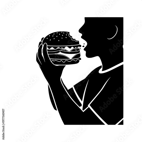 Silhouette of person eating stacked burger against crescent moon background