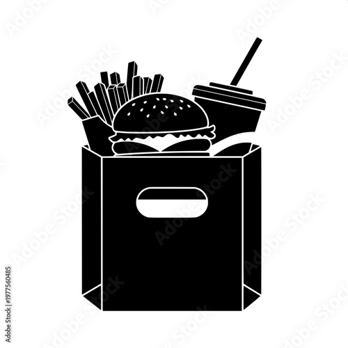 fast food takeout burger and fries in trash bin waste concept illustration