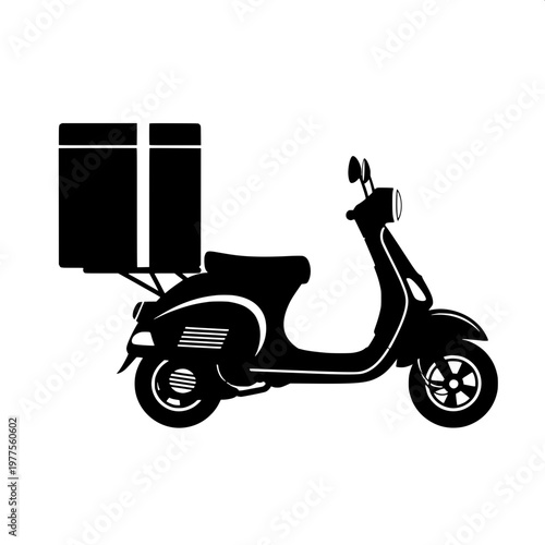 Black and white vintage scooter with delivery box isolated on white background