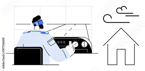 Aviation safety, communication systems, navigation, airspace management, remote work, infrastructure. Air traffic controller using a control panel. Aviation safety and communication systems concept