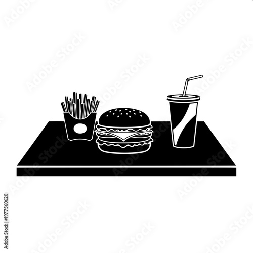 fast food meal with burger fries and soda on black tray minimalist illustration