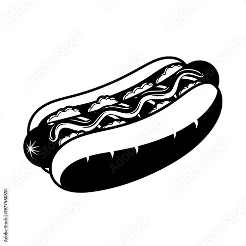 Classic grilled hot dog with mustard swirls in black and white vector illustration