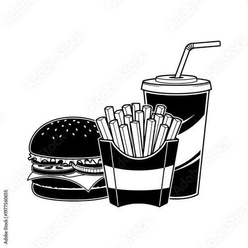 fast food set with burger fries and soda in flat design illustration