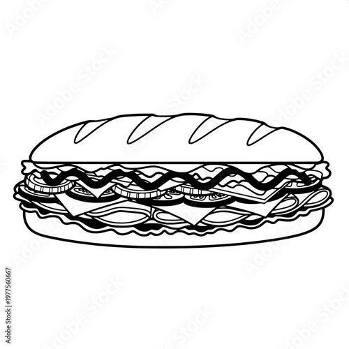 hand drawn deli sandwich sketch with lettuce tomato bacon and cheese on white background