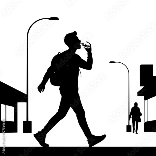 Silhouette of businessman drinking coffee while walking with backpack in urban environment