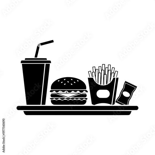 Fast food meal set with burger, fries, and soda on tray isolated black and white