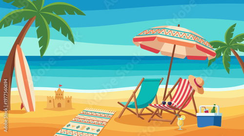 A serene beach setting with palm trees, lounge chairs, and a peaceful ocean backdrop evokes relaxation and the joy of vacation, inviting viewers to unwind and escape.