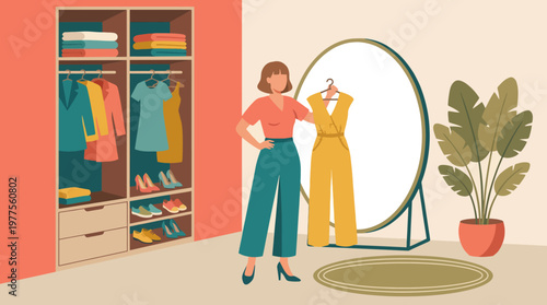 A chic dressing room is depicted, showcasing a neatly organized wardrobe with vibrant clothing and stylish footwear, highlighting fashion and personal style.
