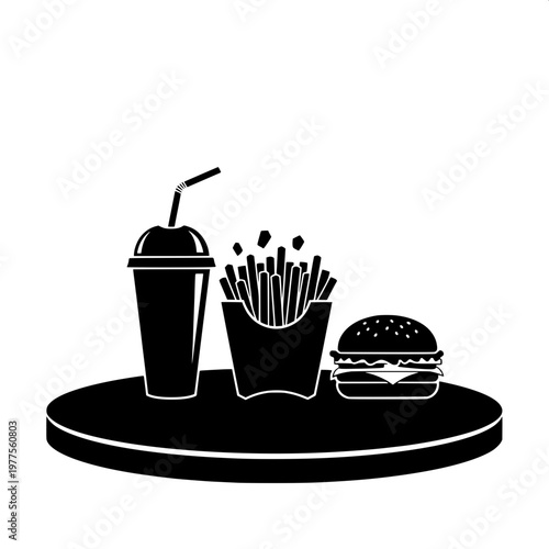fast food set with soda, fries, and burger on black plate minimalist illustration