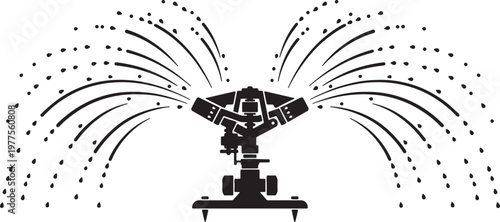 Black and white line of a sprinkler spraying water in multiple directions also transparent background