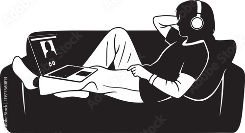 Black and white of a person reclining on a couch while listening to music with headphones and using a laptop also transparent background