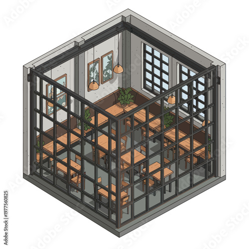 Modern Glass Enclosed Dining Area with Tables and Chairs.